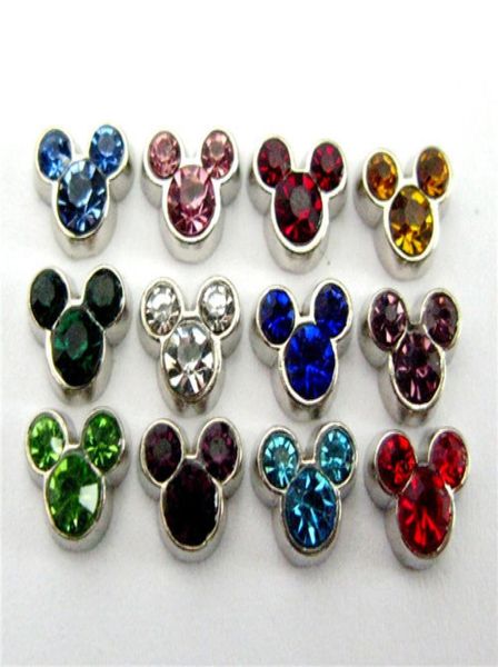 120pcslot cabeça do mouse birthstone 10pcs cada cor liga de boa qualidade DIY encantos flutuantes para medalhões de memória viva de vidro4266816