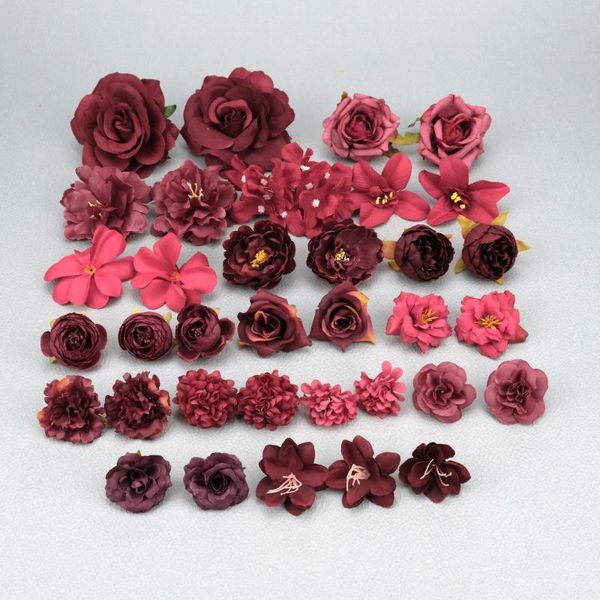 Flores decorativas 35 peças cabeça de flor de seda artificial borgonha em material a granel pacote para diy guirlanda grampo de cabelo acessórios de scrapbook