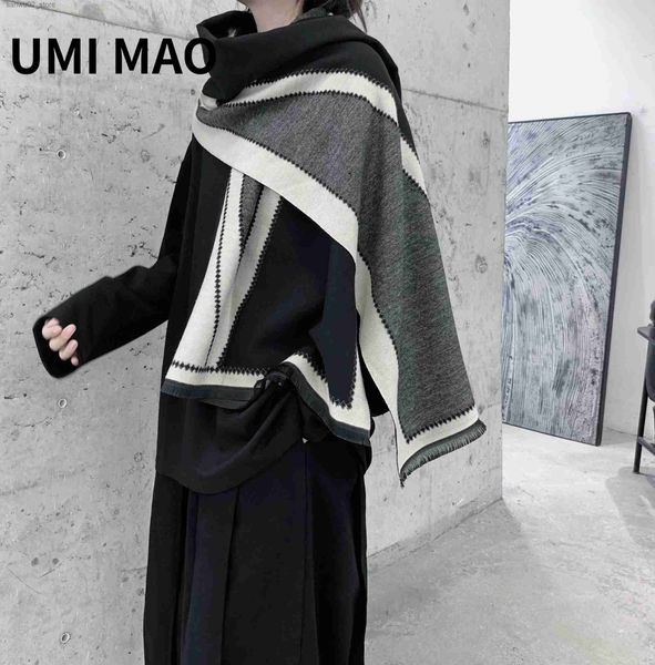 Lenços UMI MAO Yamamoto nicho escuro modelo caxemira artificial reversível xale colisão cor emenda grosso cachecol quente masculino Y2K Q240228