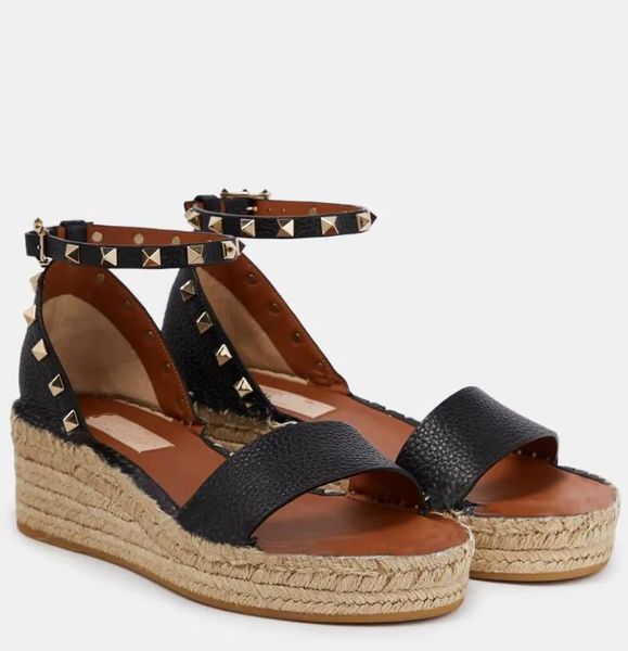 Verão de luxo feminino studs sandálias sapatos granulado couro de bezerro corda plataforma cunhas sola de borracha senhora caminhada diária EU35-43 com caixa