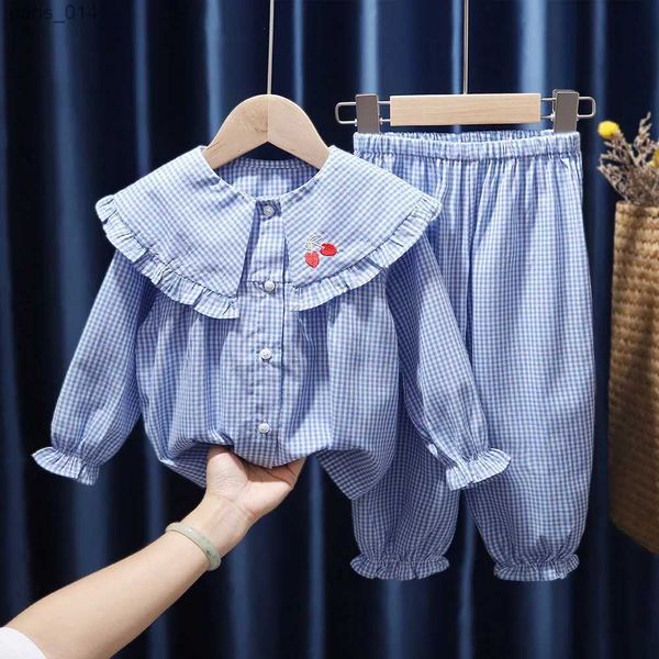 Set/abiti plaid pigiami per bambini abiti volant colletto rovesciato camicia per neonate top + pantaloni larghi 2 pezzi 2022 set di vestiti per la casa per bambini primaverili