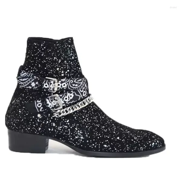 Botas Britânico Preto Lantejoulas Impressão Bandana Tiras Fivela com Correntes Tornozelo Homens Bling Square Heel Slip On Curto