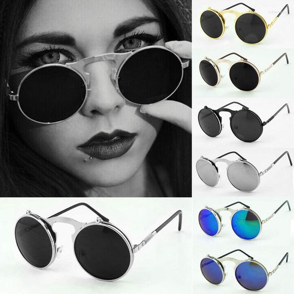 Sonnenbrille Vintage Steampunk Designer Runde Steam Flip Punk Metallbeschichtung Frau Männer Retro