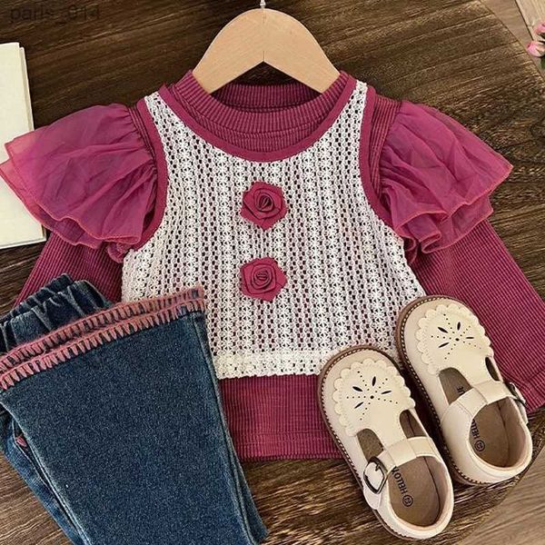 Sets/Anzüge Frühling Herbst Mädchen Anzug Blume Ausgehöhltes Tank Top + Langarm Bottom + Jeans Mädchen Mode Kinder Outfit Kinder Mädchen Kleidung