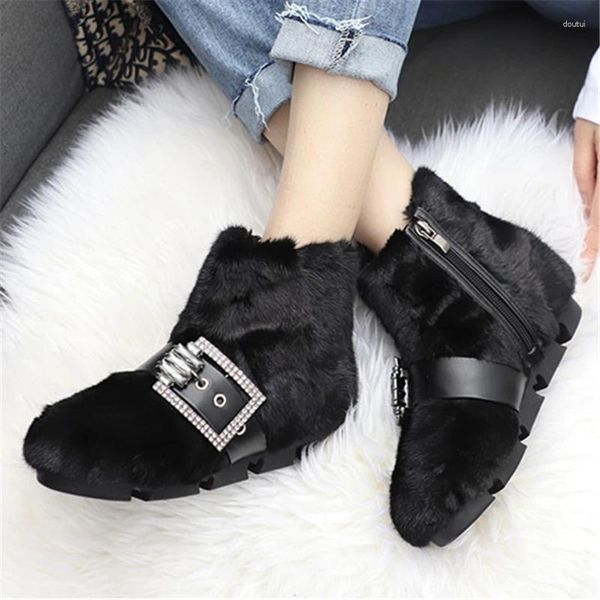 Botas moda fivela mulheres tornozelo real inverno quente botas preto peludo neve bota grossa sola plataforma trepadeiras sapatos planos
