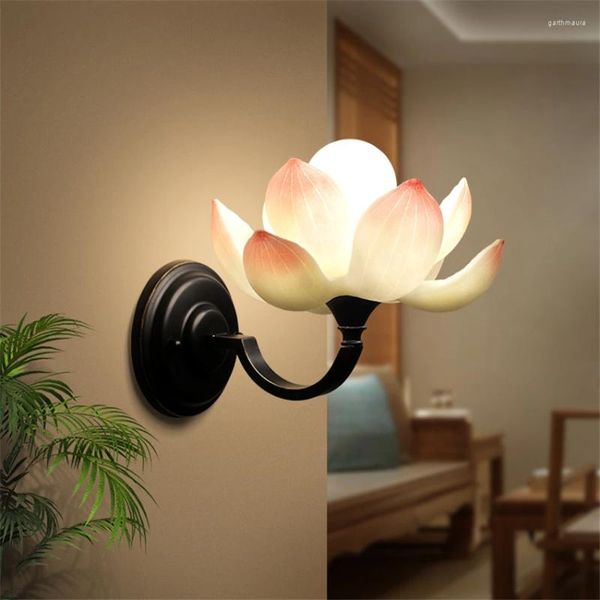 Wandlampen Chinesischer Lotus-Harz Kreativer Balkon Ganglampe Wohnzimmer Schlafzimmer Zen-Schnitzerei Wandleuchte Lichter Deko-Befestigungen