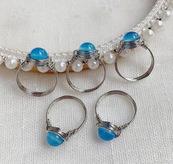 Anéis de casamento cristal natural para mulheres festa cor prata envoltório de fio aquamarinas azul jades pedra de quartzo roxo4596365