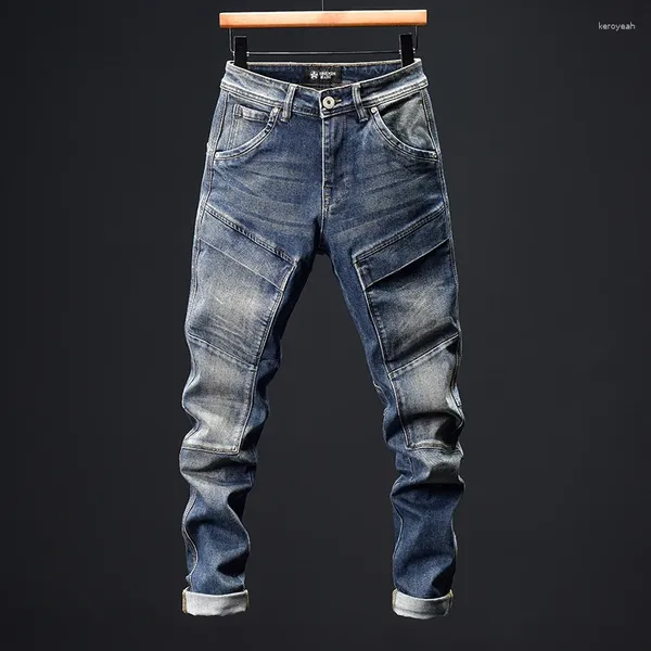 Jeans masculinos costura zíper motocicleta rua moda pés apertados tridimensionais calças masculinas bonitas