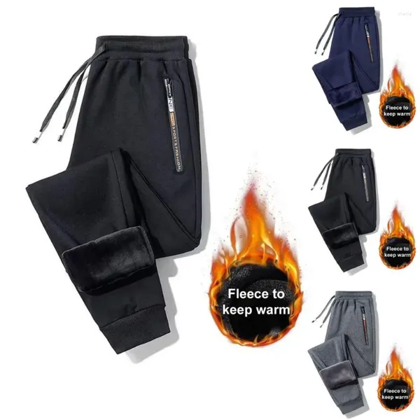 Männer Hosen Männer Herbst Winter Einfarbig Jogginghose Warm Verdicken Fleece Futter Elastische Taille Kordelzug Taschen Winddicht Lange Joggin