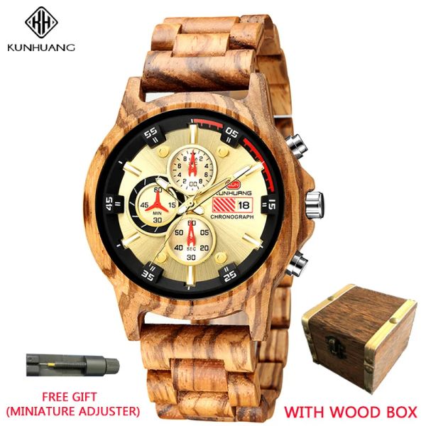 Uhren Kunhuan Herrenuhr, Naturholzuhr, Holz-Geschenkbox, handgefertigte Holz-Quarzwerk-Uhr, Chronograph, Zebra-Holzgehäuse, Armband