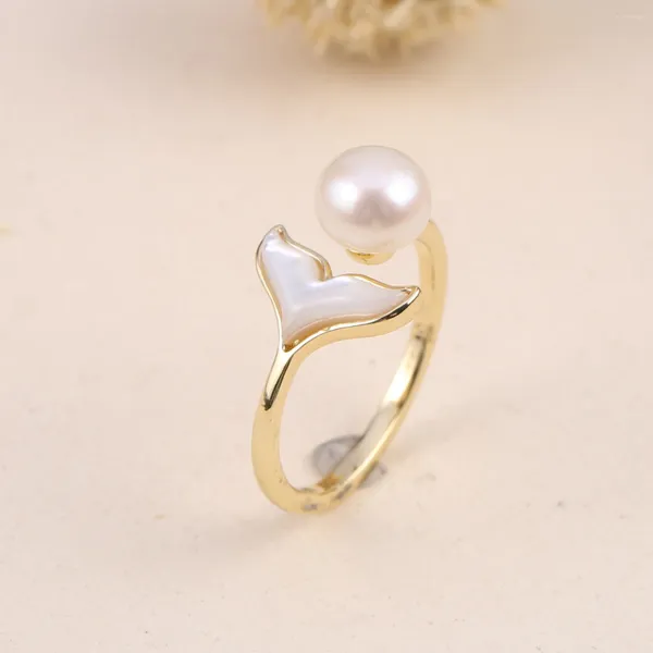 Anelli a grappolo Perle d'acqua dolce naturali Piccolo anello a forma di sirena a forma rotonda per accessori di gioielli con ciondoli fai-da-te che rendono casuale regolabile manualmente