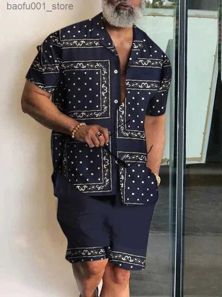 Tute da uomo Camicia da uomo set colletto da lavoro patch stampato in 3D camicia casual da spiaggia a maniche corte estate abbigliamento da strada vacanza Hawaii abbigliamento da uomo Q240228