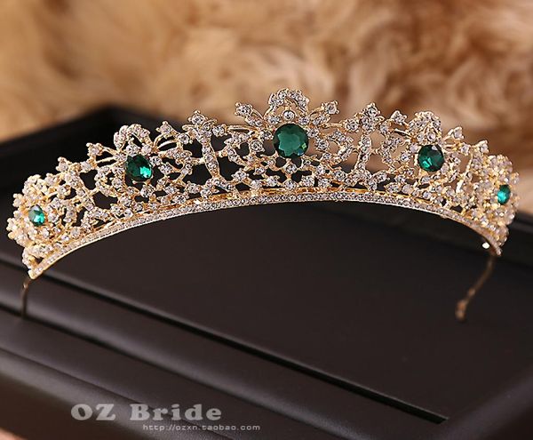 New Flaw Green Rhinestone Golden Crown Bridal Tiara Female Crown Wedding Hair Accessories Y190513026341384