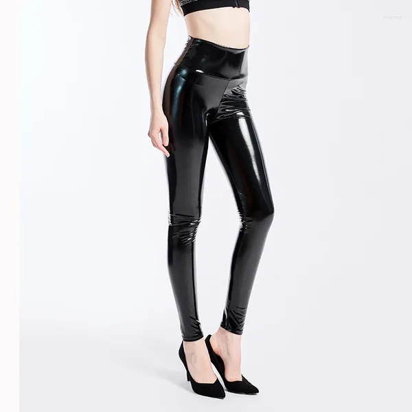 Kadın pantolon artı XXXL Siyah Kadın Taytlar Seksi Bel Yüksek Bel Elastik Pu Deri Sıska Parlak Islak Görünüm Metalik Lateks Tohum