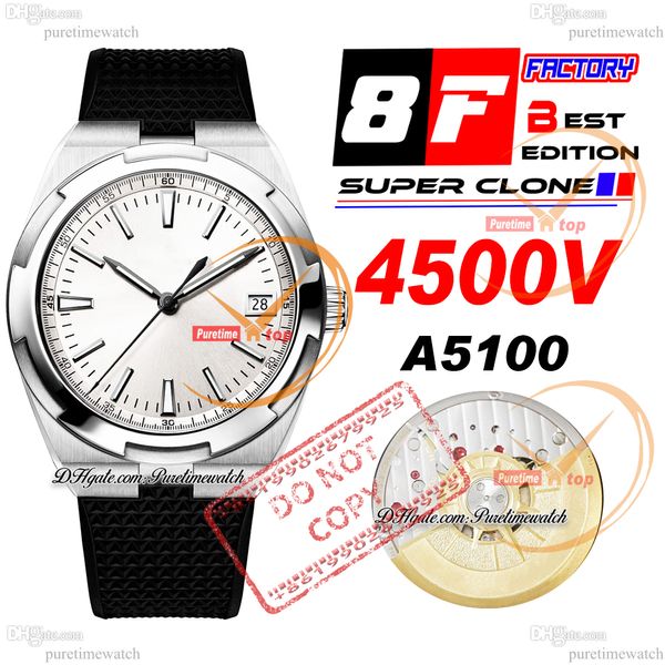 8F Overseas 4500V Ultra-Thin A5100 Auto Winding Automatic Mens Watch 41mm Silver Stick Dial Black Rubber Strap Super Edition Relógios Puretimewatch Reloj Hombre