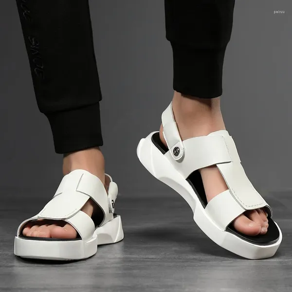 Sandalen Weiß Schwarz Kuh Verschüttetes Leder Männer Plattform Sommer Roam Schuhe Trendy Casual High Top Junge Mode