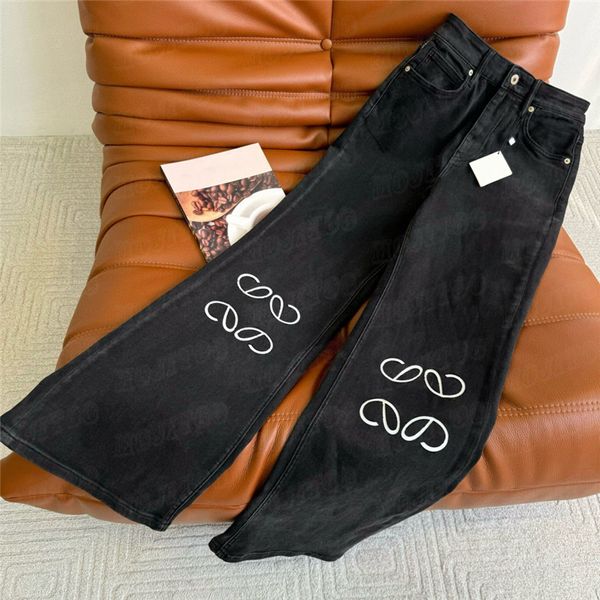 Bordado jeans designer mulheres calças jeans calças casuais cintura alta perna larga calça streetwear para senhora