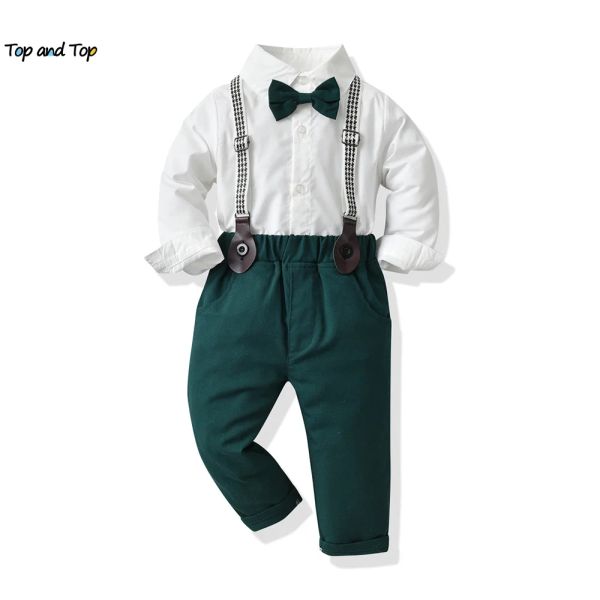 Комплекты: топ и топ, комплект официальной одежды для мальчиков, белая рубашка с длинными рукавами для джентльменов для маленьких мальчиков + брюки на подтяжках, одежда, наряды