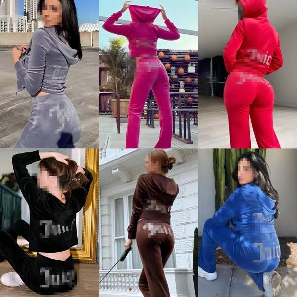 Juicy Velvet Kıyafet Kadınları Takip Sulu Uzun Kollu Sonbahar Sporu Giyim İnce Sıradan Velvetwomen Takipler Kapüşonlu Yakalı Jogging Spor Giyim Takım