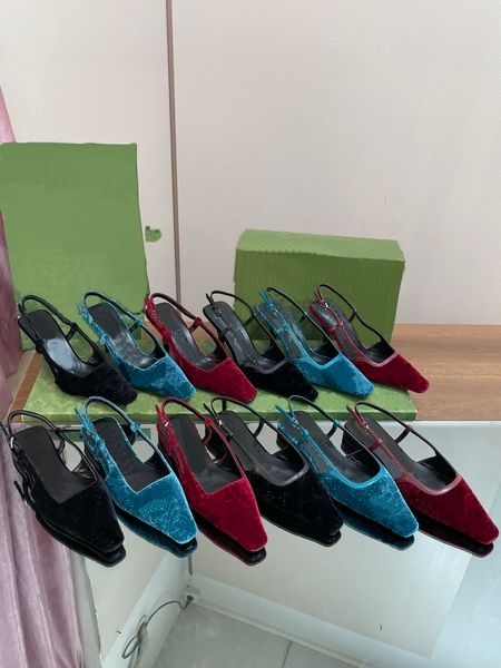 Samt-Slingbacks für Damen, echtes Leder, Luxus-Designer-Sandalen, 3,5 cm und 7,5 cm, hoher Absatz, lässig, quadratische Zehen, Knöchelriemen, modische Party-Schuhe mit Originalverpackung