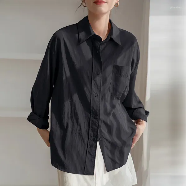 Женские блузки, весна-лето 2024, женская солнцезащитная блузка, повседневная черная мешковатая рубашка с отложным воротником и длинным рукавом, женский белый топ
