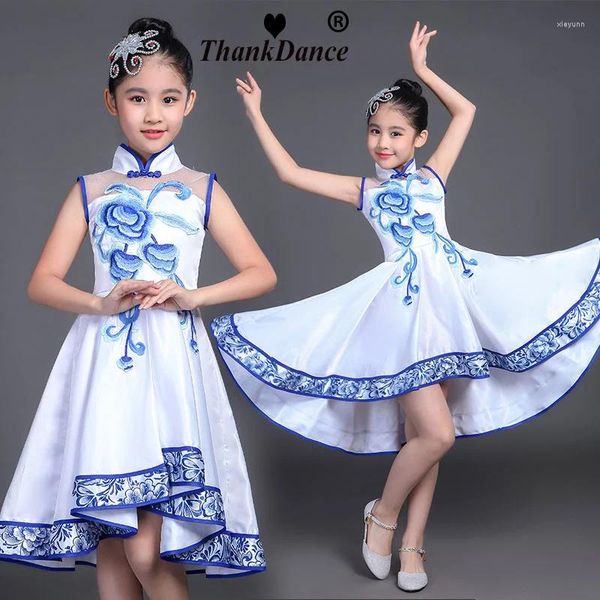 Abbigliamento da palco, danza jazz per bambini, ragazze latine, abiti da spettacolo, costume da ragazzo, set Guzheng in porcellana bianca e blu in stile cinese