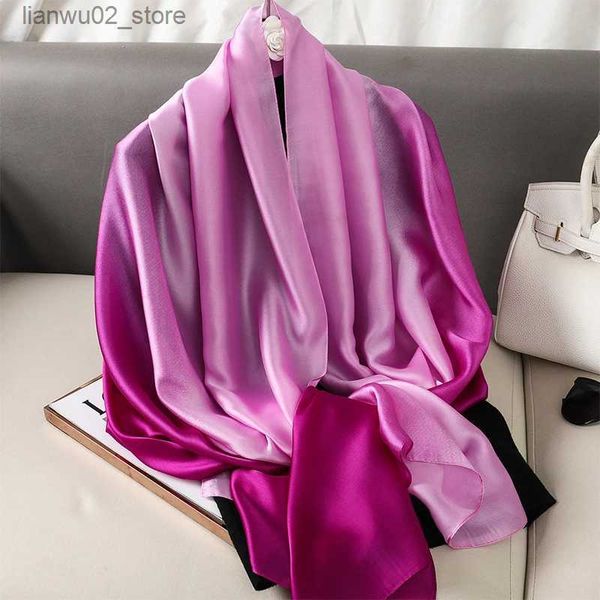 Lenços de luxo gradiente lenço de seda mulheres marca sólida femme xales envolve bandana cabeça foulard moda senhora hijab casamento poncho 2023 q240228