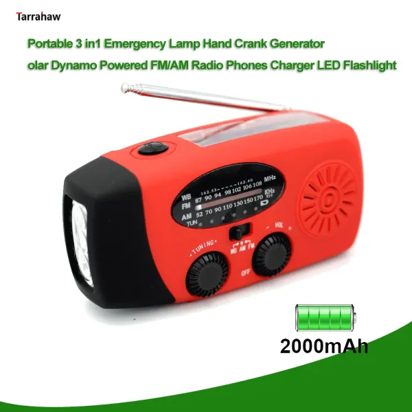 Lampada di emergenza portatile solare 3 in1 Generatore a manovella Generatore solare alimentato da dinamo radio FM/AM Caricabatterie per telefoni Torcia a LED