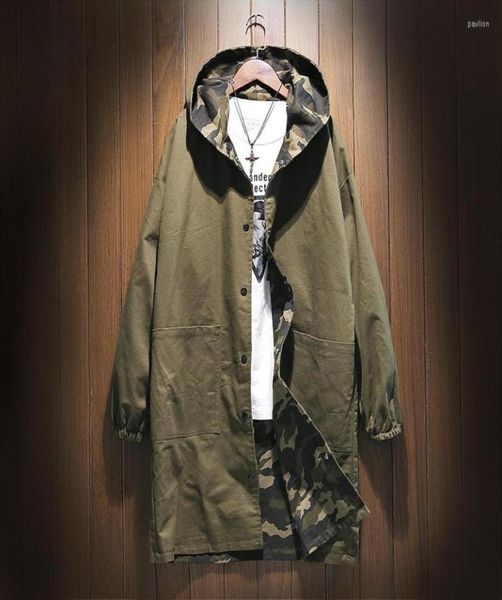 Men039s Trenchcoats Army Green Camouflage Reversible Mantel Für Männer Winter Dicke Baumwolle Futter Herren Mantel Lange Oversize Hoode1670374