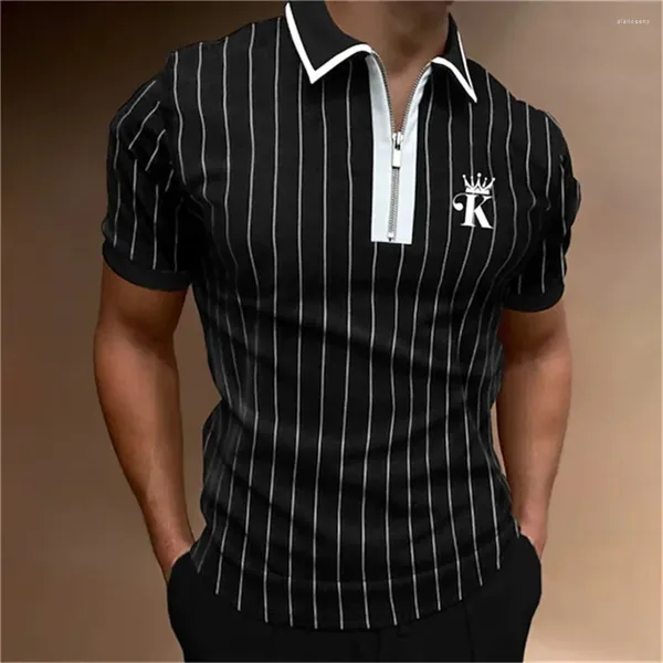 Herren-Polohemd, modisch, gestreiftes Print-Reißverschluss-Poloshirt für Männer, lustiger Buchstabe, Poker, kurzärmlig, hochwertige Business-Casual-Golfkleidung