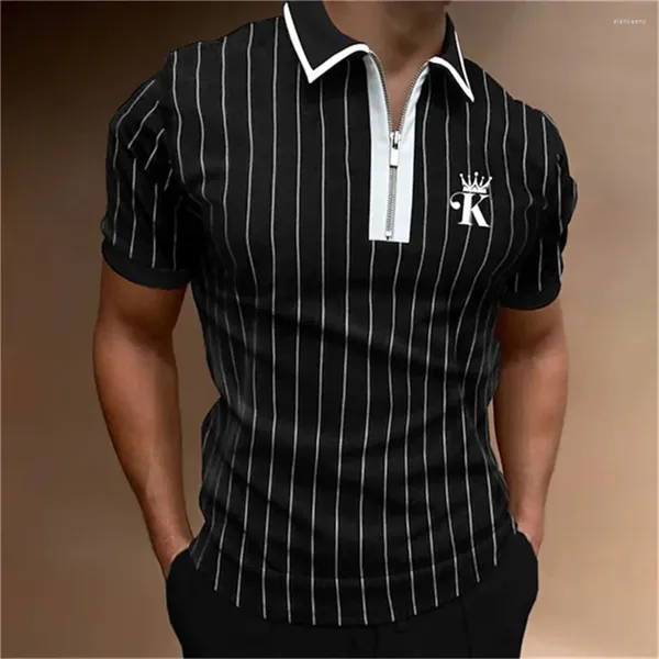 Polo da uomo Polo con cerniera con stampa a righe alla moda per uomo Divertente lettera Poker Top a maniche corte Abbigliamento da golf casual da lavoro di alta qualità