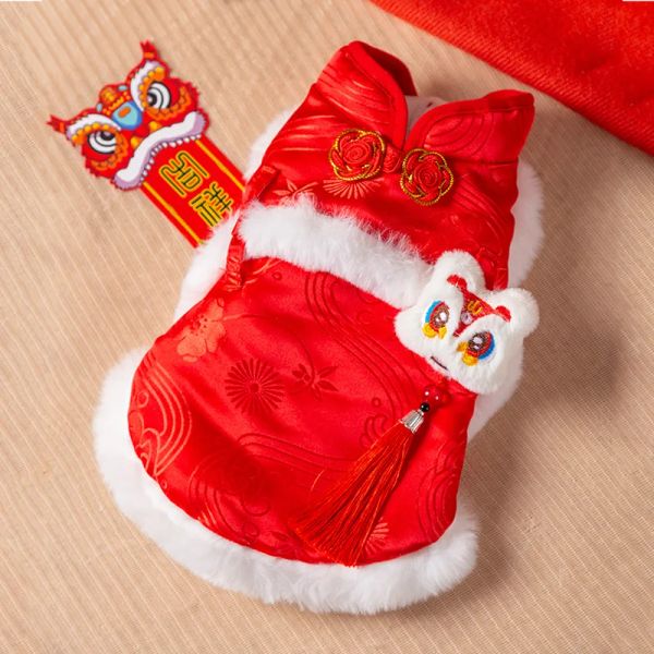 Abbigliamento Cucciolo di gatto Costumi di capodanno cinese Cappotto di gilet con linguetta con bottone a nodo di danza del leone cinese Pet Dragon Year Vestiti caldi all'aperto