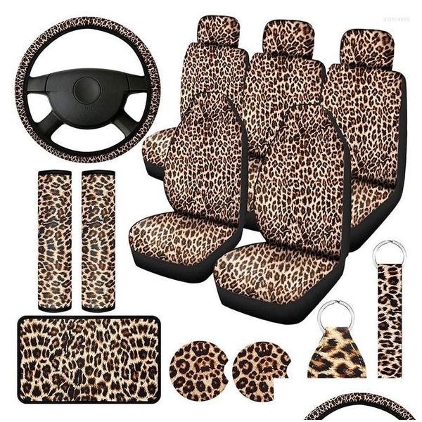 Capas de assento de carro Assento de carro Ers 15pcs Leopard Print Er Kit Volante Cinto Almofadas Coasters Almofada de braço e Chaveiro Drop Delivery Autom Dhftu