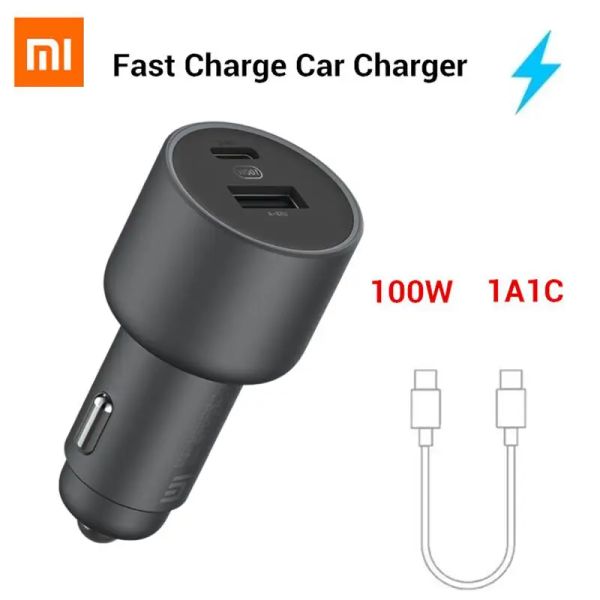 Зарядные устройства Original Xiaomi 100W Car Charger Dual USB Quick Charge Mi Car Charger USBA USBC Двойной выходной светодиод с кабелем 5A 5A