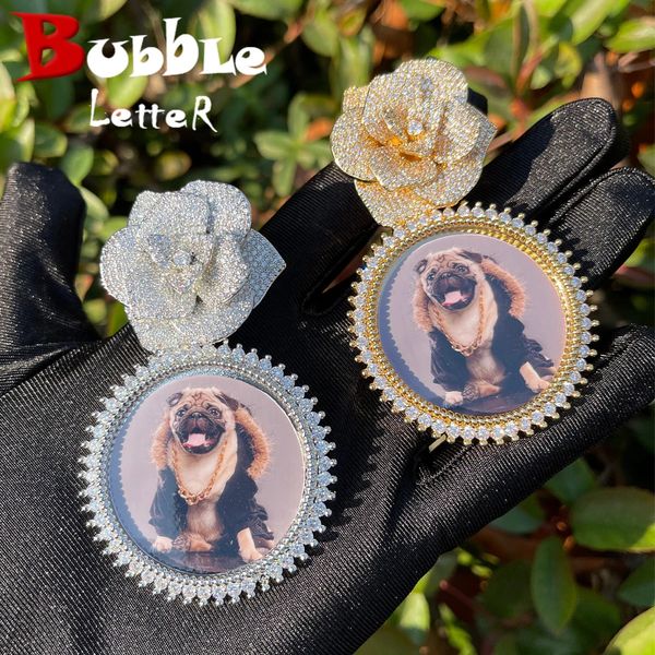 Bubble Letter Custom Po Halskette für Frauen, personalisierter Bildanhänger, Rose Flower Bail Iced Out Charm Hip Hop Schmuck 240220