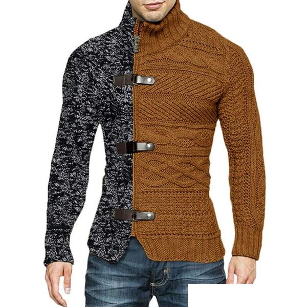 Coletes masculinos Coletes masculinos 2021 outono / inverno suéter de gola alta combinando cor botão de couro manga comprida malha cardigan tamanho grande desgaste d dhkte