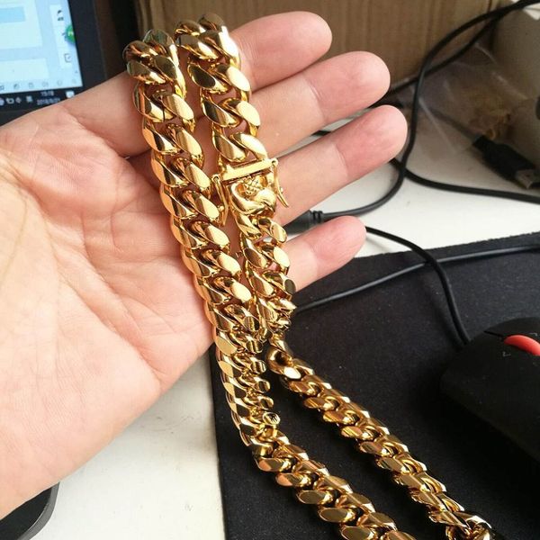 Ювелирные изделия из нержавеющей стали, 18-каратное золото, полированное кубинское звено, ожерелье, мужская цепочка в стиле панк, застежка-защелка в виде дракона, 15 мм 18inc219L