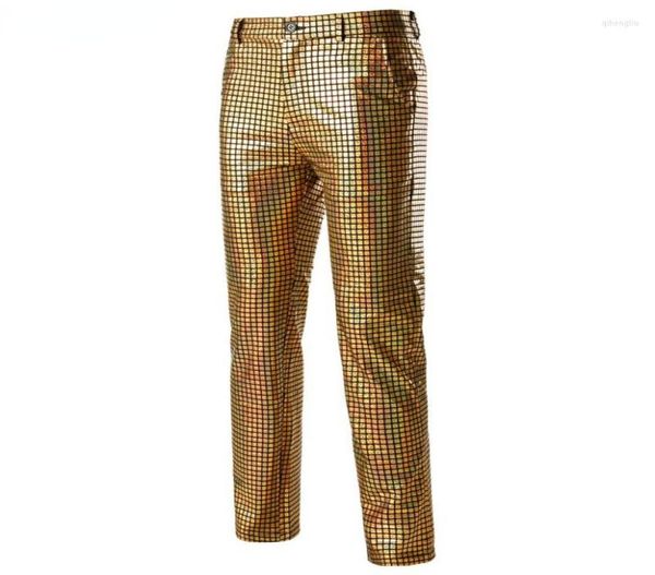 Men039s Hosen Shiny Gold Metallic Plaid Männer Nachtclub Tänzer Sänger Punk Rockpants Herren Festival Weihnachten Party Bühne Hosen2255813