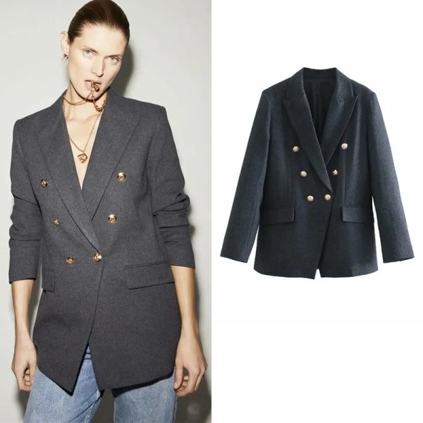 Пиджаки женские Normcore Blazer Костюм однотонные двубортные офисные пиджаки средней длины темно-серые универсальные простые повседневные пальто для поездок на работу