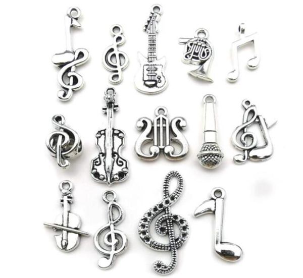 100 Stück gemischte Charms, Musikgitarren-Note, Klavier, Waldhorn, Saxophon, Antik-Silber-Anhänger für die Herstellung von niedlichen Ohrringen, Anhängern, Neckl1277349