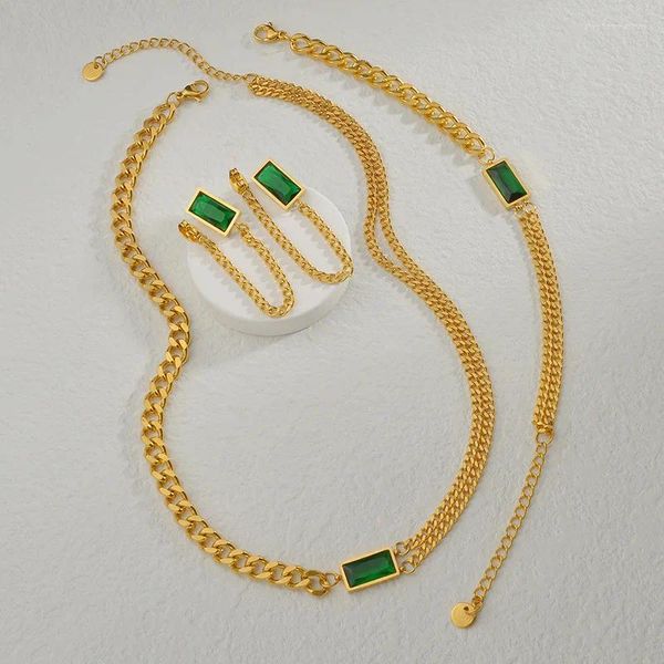 Colar brincos conjunto 2024 aço inoxidável verde zircão pulseira jóias para mulheres presente corrente colar metal cristal pedra bijoux