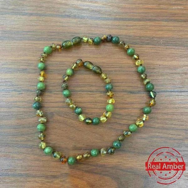 Collana/bracciale in ambra baltica naturale per la dentizione con pendenti per bambini, in agata verde ciliegia con certificato di perline