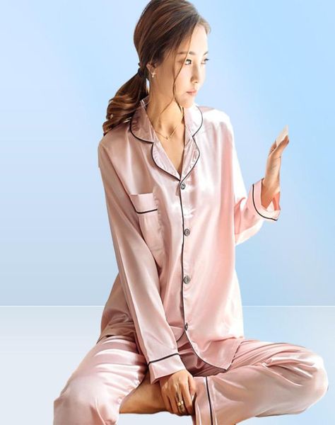 Novo design de inverno feminino pijamas de seda conjunto feminino manga comprida pijama terno casa wear simples cardigan marca pijamas set1346302