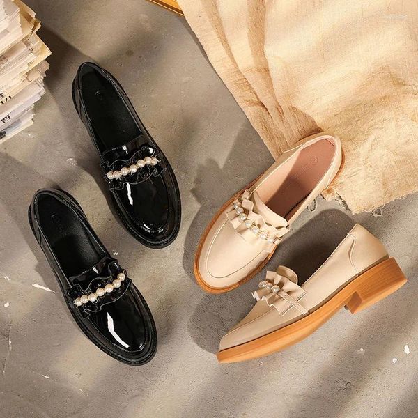 Casual Schuhe Frühling Herbst Designer Perle Perlen Leder Wohnungen Frauen Starke Ferse Oxford Round Toe Loafers Rüschen Band Lolita