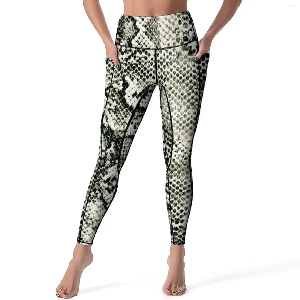 Pantaloni attivi Alla moda Pelle di serpente Yoga Leggings con stampa serpente bianco femminile Vita alta Legging divertente Collant sportivo da palestra stampato elasticizzato
