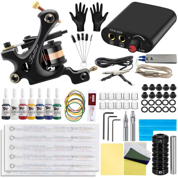 Kits de tatuagem, máquina de tatuagem com fonte de alimentação de tinta, ferramentas para arte corporal, conjunto completo de acessórios de tatuagem