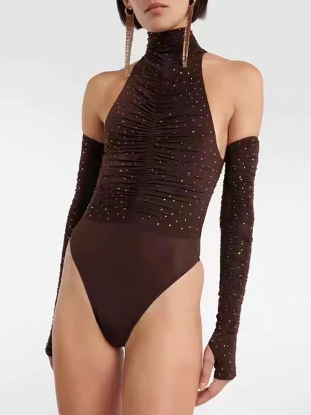 Tanques femininos y2k ruched diamante encrustado estiramento top sexy chique com luvas de uma peça leotard mulher roupas 2024 inverno