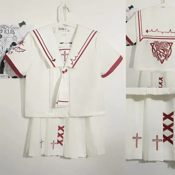 Vestidos de trabalho japonês estudante jk uniforme saia conjunto bordado arco marinheiro branco plissado marinho traje menina escola roupas femininas