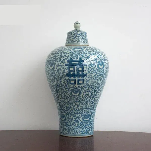 Flaschen Jingdezhen Keramik-Pflaumenvase, handbemalt, antikes blaues und weißes Porzellan, chinesisches Zuhause, dekorativer Ingwerglas-Deckel