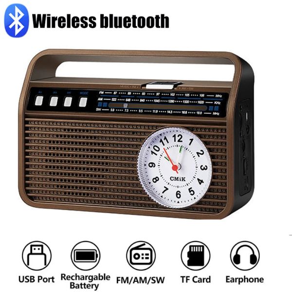 Lettori Radio retrò portatile Ricevitore radio Fm/am/sw Altoparlante Bluetooth senza fili Lettore Mp3 Orologio da tavolo Supporto disco U/scheda TF/riproduzione aux